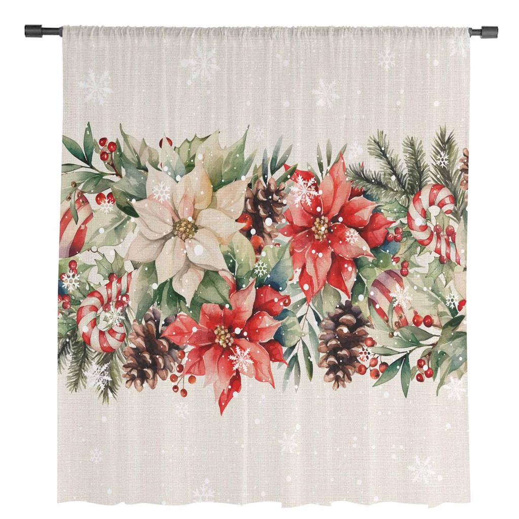 Christmas Poinsettia Berries Cedar Leaves Pine Cones Sheer Curtains Room Decoration Window Curtains Kitchen Tulle Voile Curtains