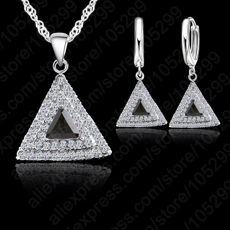 

Top Selling 925 Sterling Silver Jewelry Set 18 inches Chain Pendant Necklace / Earring CZ Jewelry Set For Women Wedding Gift чёрный