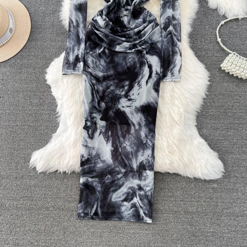 Sexy Tie-dye Printed V-Neck Long Sleeve Dress Women Chic Elegant Patchwork Vintage Midi Dresses Female Korean Fashion Casual One Piece Dress 2024