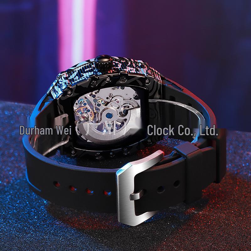 Durham Yao Men's Waterproof Mechanical Watch - Tonneau-Shaped Alloy Case with Carbon Fiber Design and Skeleton Dial