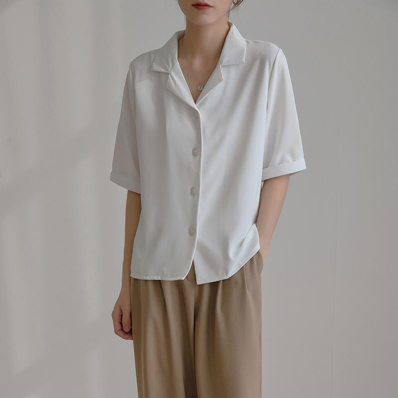 GMXIA Women's Summer White Blouse Career Chiffon White Shirt Ladies Designer Commuter Short Sleeve Temperament Top