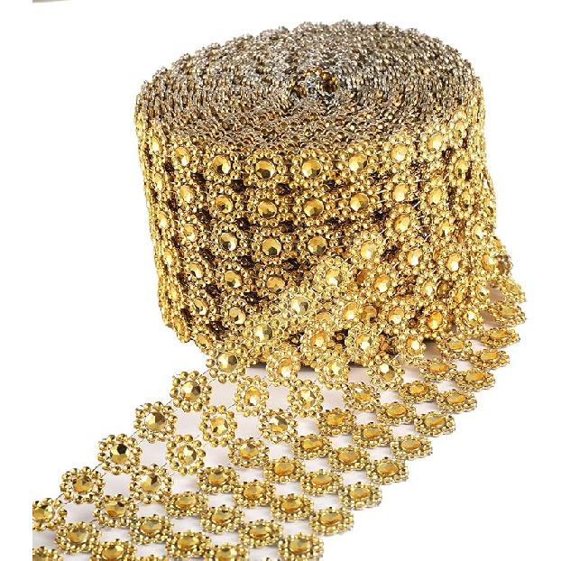 6 Row,4  x10 Yard,Silver Flower Diamond Rhinestone Crystal Mesh Ribbon Wrap Roll for Wedding Decorations, Wedding Cake, Birthdays, Party Supplies,