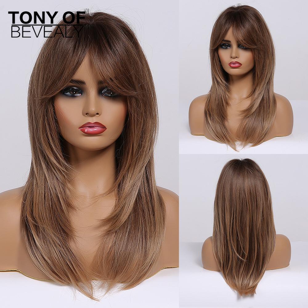 Long Wavy Layered Black-Brown Shoulder-Length Wigs With Bangs Heat Resistant Synthetic Wigs for Women Cosplay Daily Natural Wigs