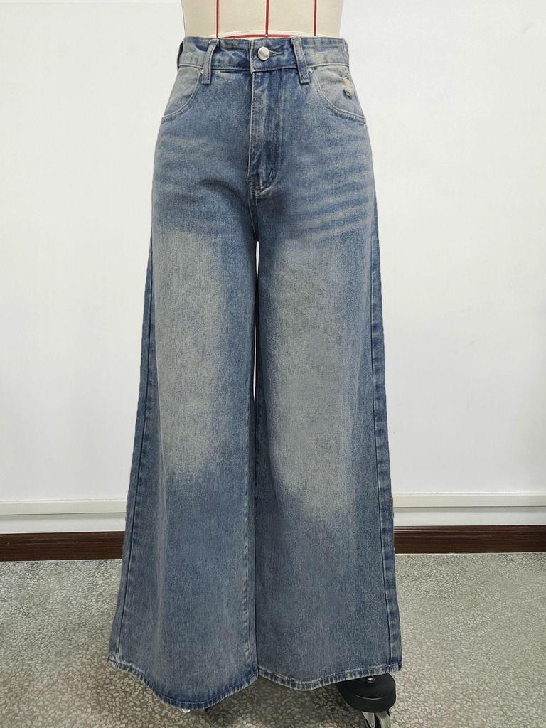 Women's Washed Blue Ripped Wide-Leg Jeans - Trendy Floor-Length Casual Pants