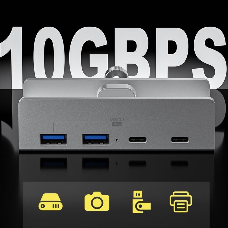 10Gbps USB C USB Hub 4 Ports Aluminum USB 3.1 Docking Hub Clamp for Desk Computer with 5V 2A Extra Power Supply Port