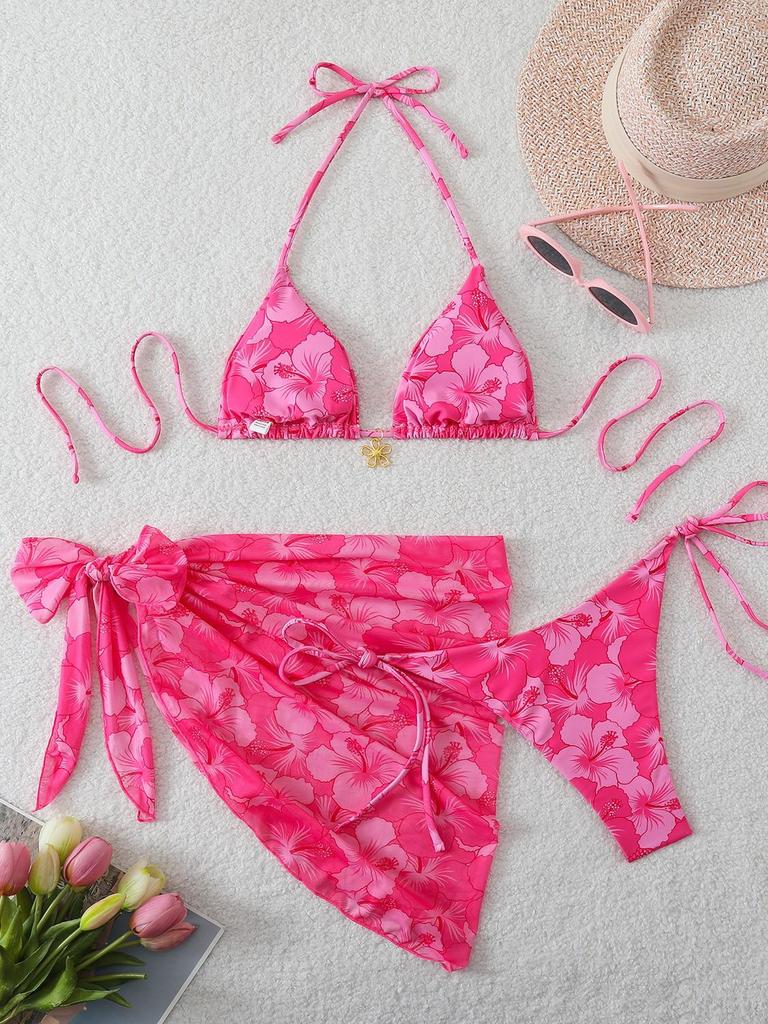 2026 Women's European & American High-Waisted Three-Piece Solid Color Swimsuit Bikini Set