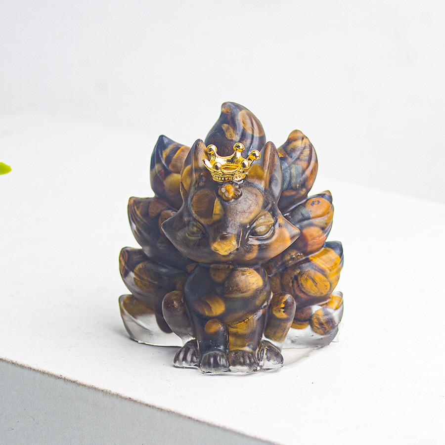 Water Crystal Decorative Figurine With Crown Nine Tails Fox For Modern Desk Display