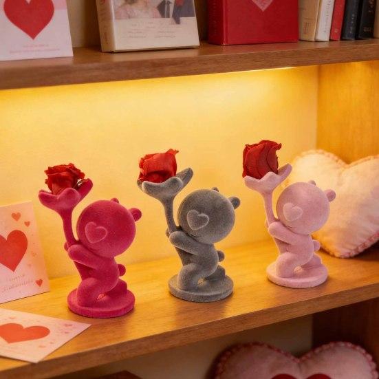 Valentine’s Day Bear Ornament with Preserved Rose Holding Eternal Flower Flocking Bear Decoration Wedding Anniversary