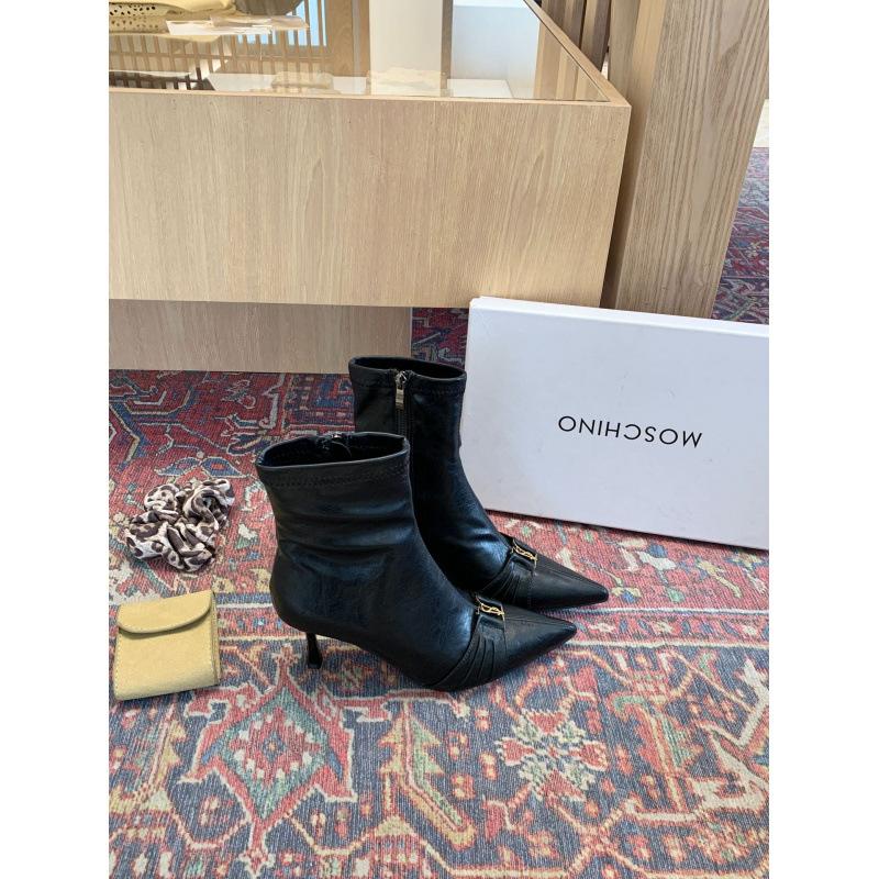 2025 autumn and winter new fashion thin boots pointed glossy high-heeled short boots belt buckle thin-heeled short boots fashion boots