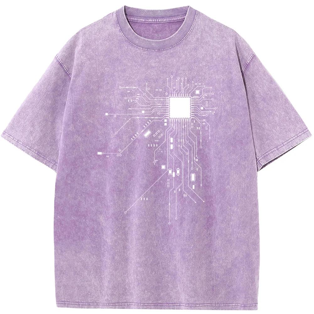Tričko s potiskem schématu procesoru CPU Letní volné bělené tričko Bavlněné s kulatým výstřihem a krátkým rukávem