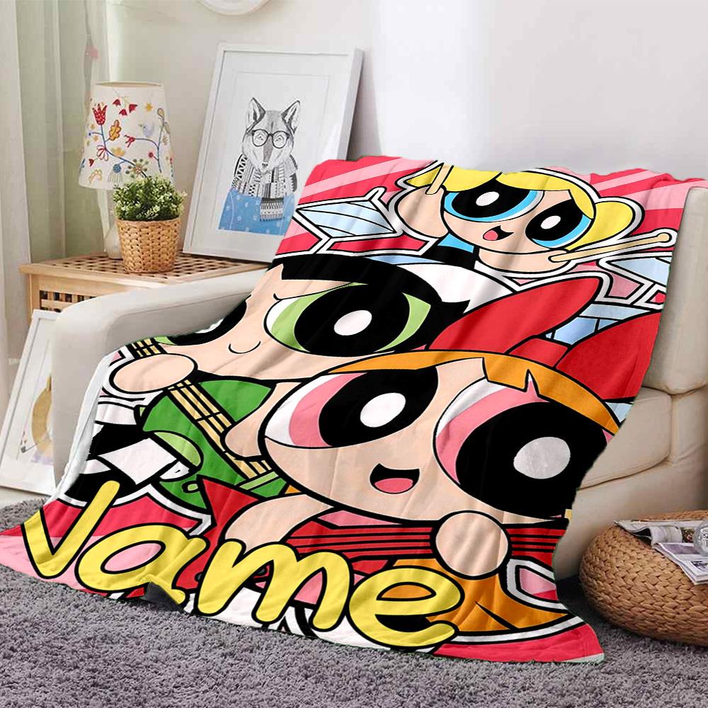 Custom Name Powerpuff Girls Adventure Flannel Blanket for Super Soft Cute Comfort Blanket for Travel Bedding Couch Sofa Blanket