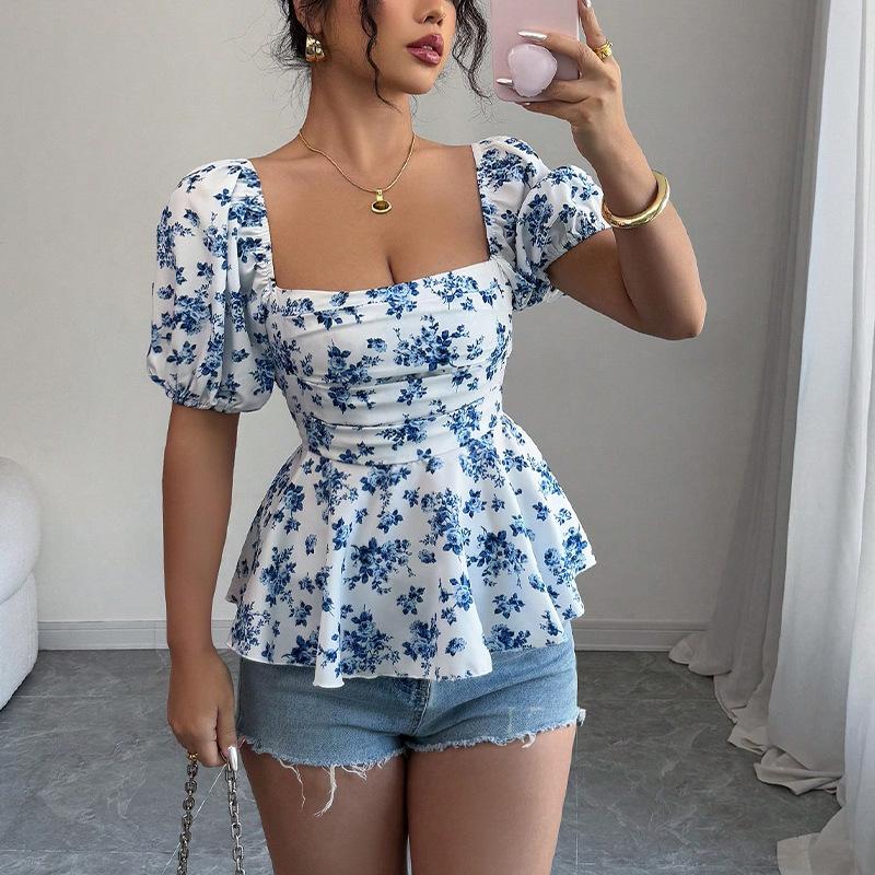 Women Tops Sexy Blouse Square Collar short Sleeve Floral print Shirt Puff Sleeve Ruffle Tunic Crop Top Summer pullover Tube Top