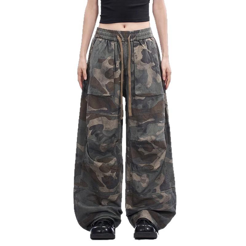 Trendy brand retro American camouflage overalls spring and autumn short sleeves loose straight pants street thin wide casual pants