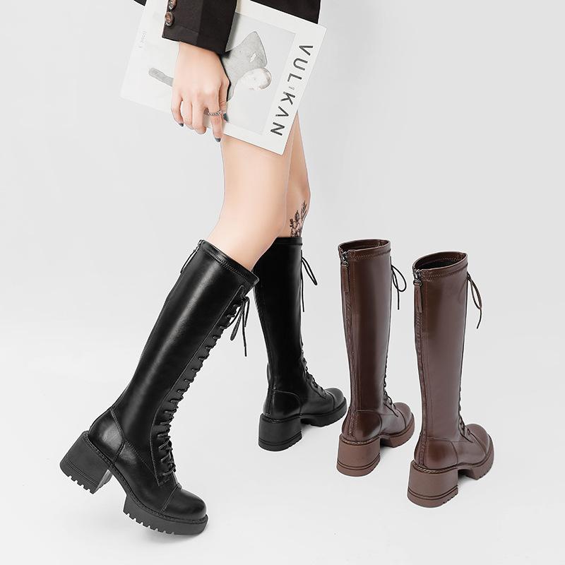 2024 Autumn and Winter New Long Martin Boots Women's Lace-up High Knight Boots Women's Round Head Thick Heel Thick-soled Long Boots Women