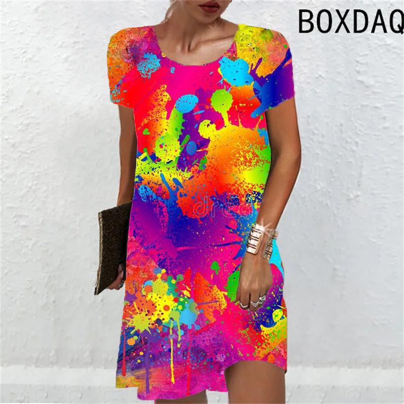 

Tie dyed color Print Women Dress Casual Street Plus Size Vintage Woman Clothing Summer Short Sleeve O-Neck Loose Mini Dress XL