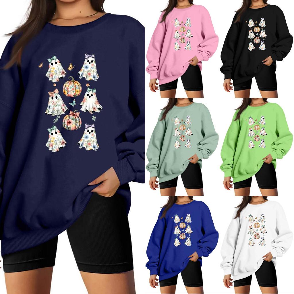 Women's Neck Long Sleeve Loose Fit Casual Sweatshirt Pullover Top with Halloween Print