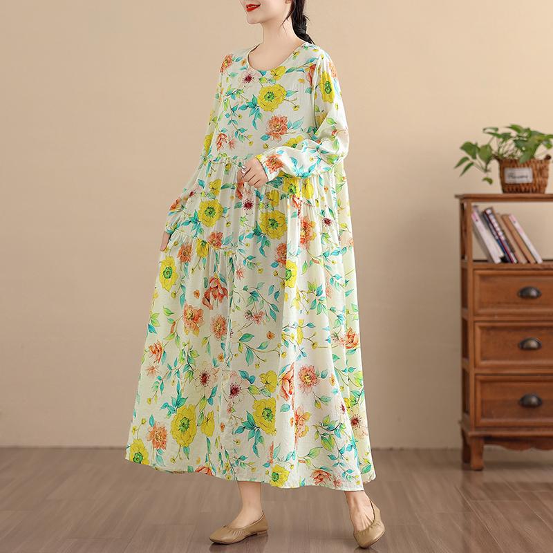DIMANAF New 2025 Women Plus Size Spring Long Dress Loose Basic Vintage Oversize Long Sleeve Maxi Floral