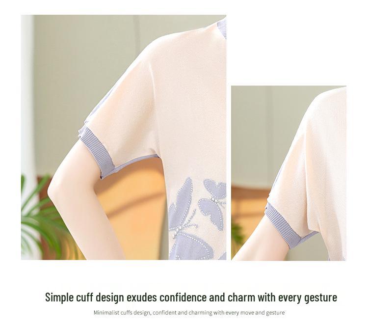 Mom's Summer Ice Silk Short-Sleeve Knit Top for Middle-Aged Women