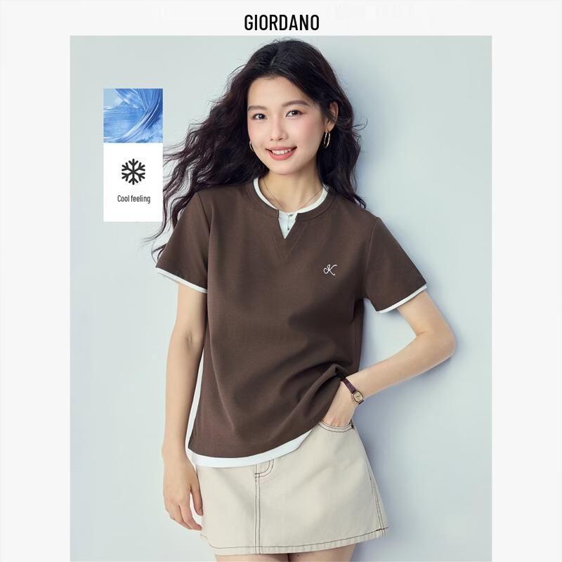 Giordano Women s Faux Two-Piece Embroidered Knit T-Shirt M