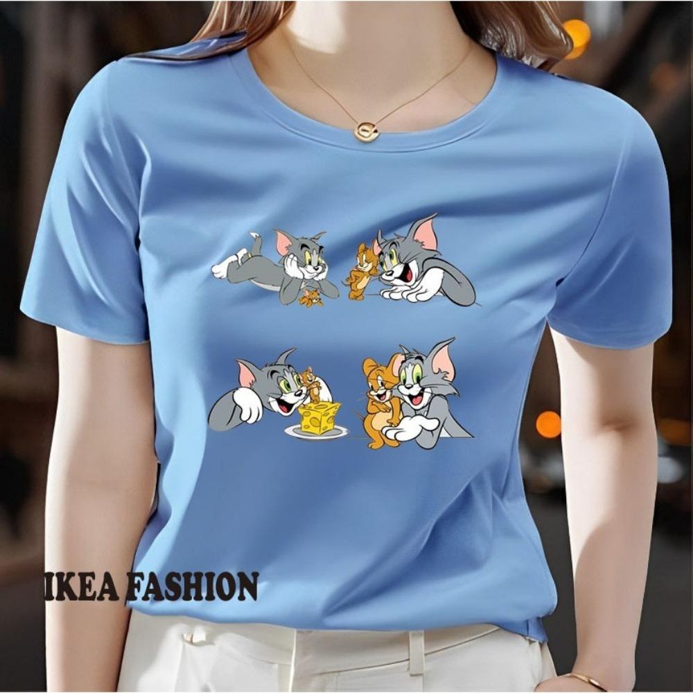 New casual women's printed short sleeved round neck slightly elastic T-shirt for spring and summer, new ins super popular