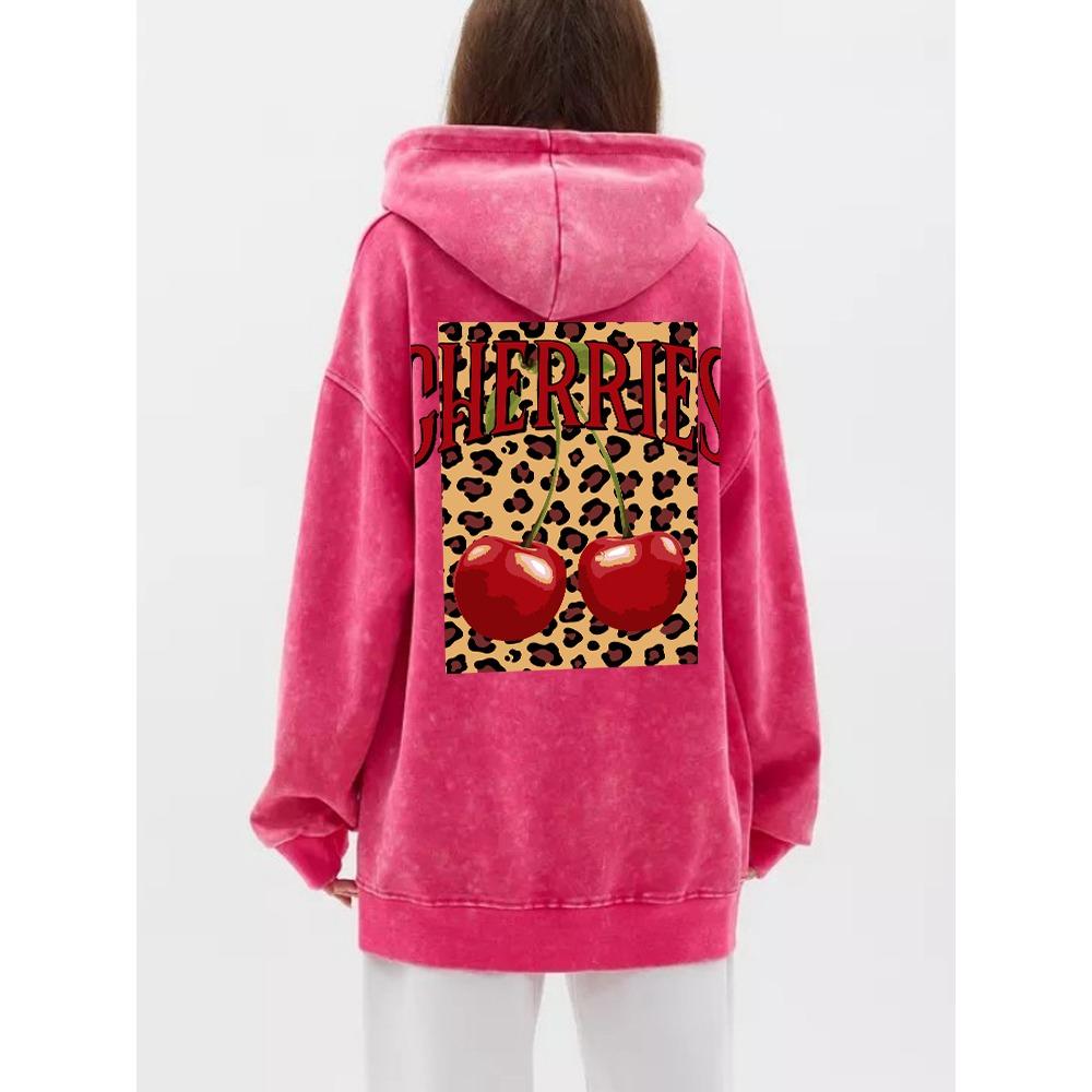 Vintage Womans Acid Wash Hoodies Fashion Leopard And Cherry Prints Pullovers Pocket Oversize Cotton Hooded Tops