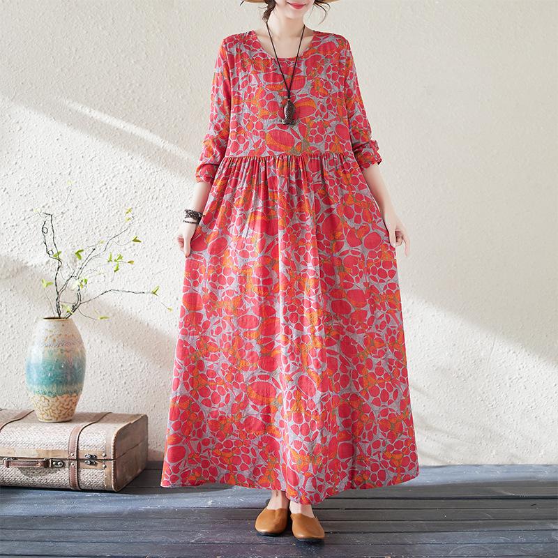 Spring Autumn Floral Print Round Neck Retro Loose Long Dress Long Sleeve Cotton Linen Dress Women's Clothing