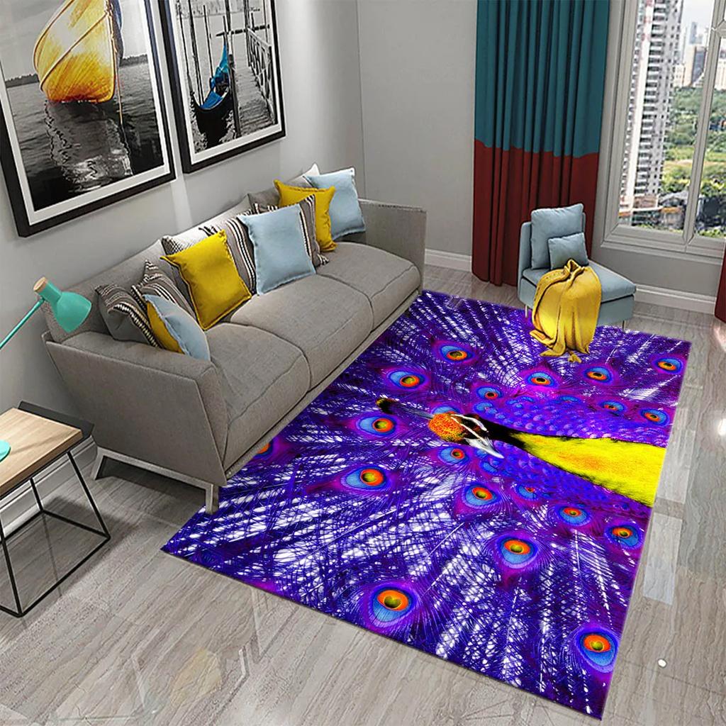 3D Peacock Carpet for Living Room Bathroom Home Decor Sofa Table Rug Anti Slip Chair Cushion Lounge Mat Bedroom Balcony Area Mat