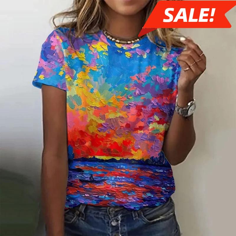 

Trees Flowers Pattern T Shirt For Women Ocean Sun 3d Printed Short Sleeves Tees Summer Casual Loose T-shirts Street O-neck Tops 2XL