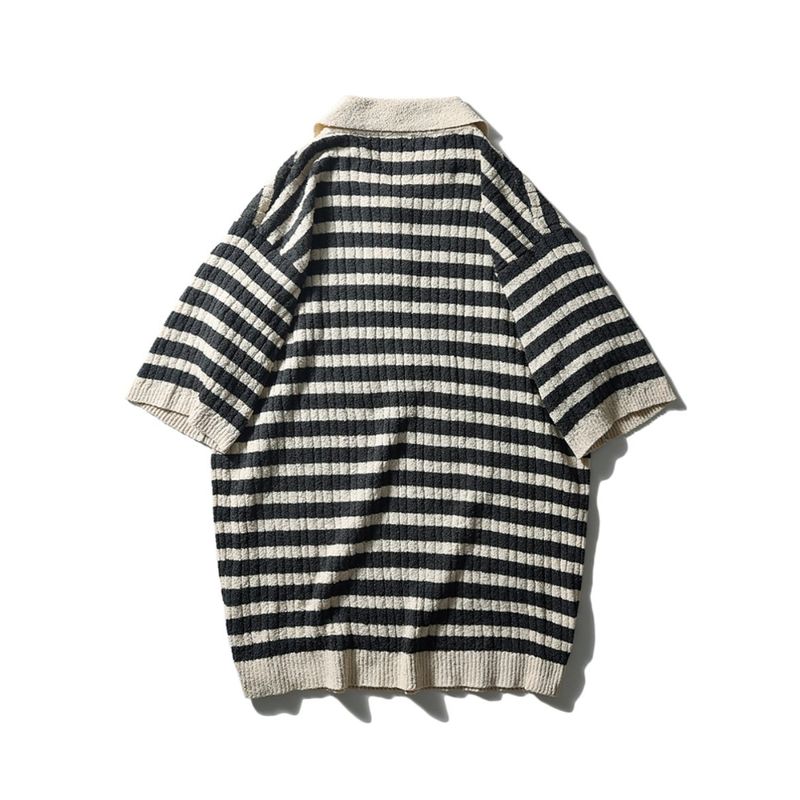 American Knitting Stripes Polo Shirt Men's Short-Sleeved Summer Shirt Loose Clothes Export Menswear T-shirt Collar T-shirt