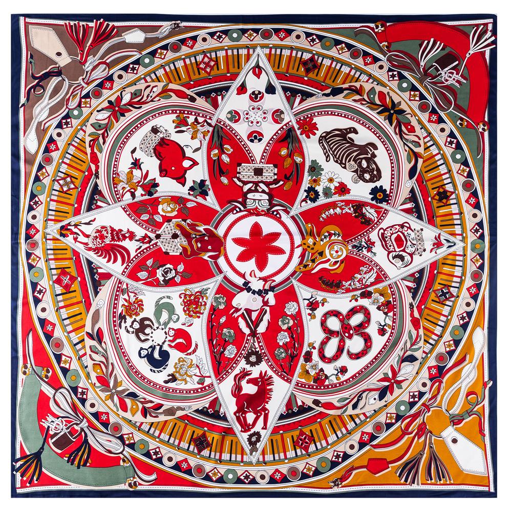 Silk Scarf Women Animals Print Stoles Square Scarves Wraps Large Bandana NecKerchief Lady Hijabs Female Silk Foulards 130CM