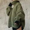 Autumn Winter Oversized Solid Color Thick Knit Turtleneck Split Sweater for Women European American Crossbody Casual Knit Top