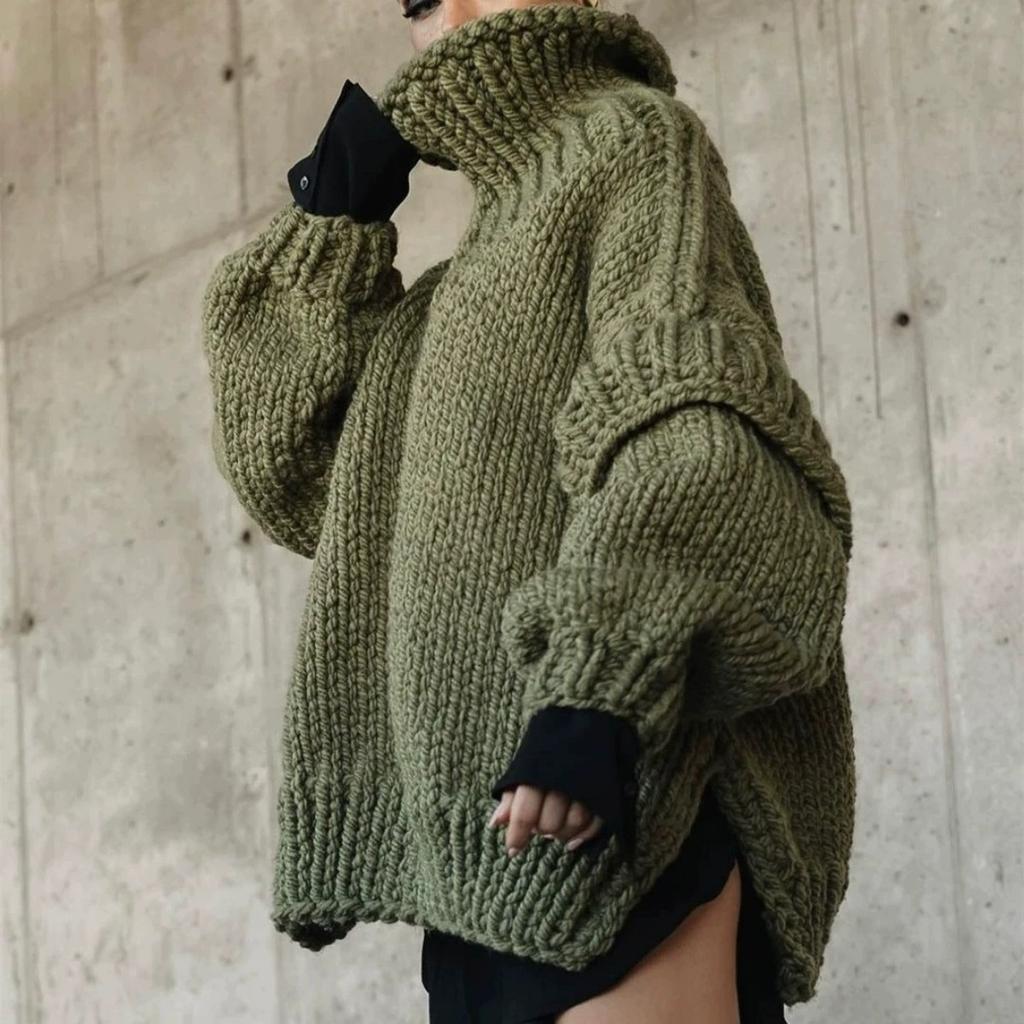 Autumn Winter Oversized Solid Color Thick Knit Turtleneck Split Sweater for Women European American Crossbody Casual Knit Top