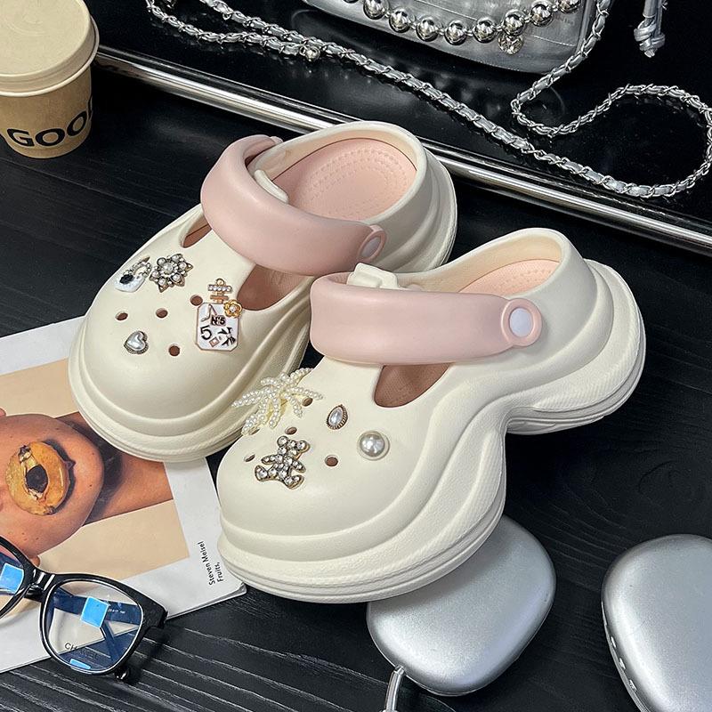 Height-increasing Hole Shoes Women's Summer Wear Non-slip Bear Pearl Flower Bag Head Hole Shoes Two-color Thick-soled Cool Slippers