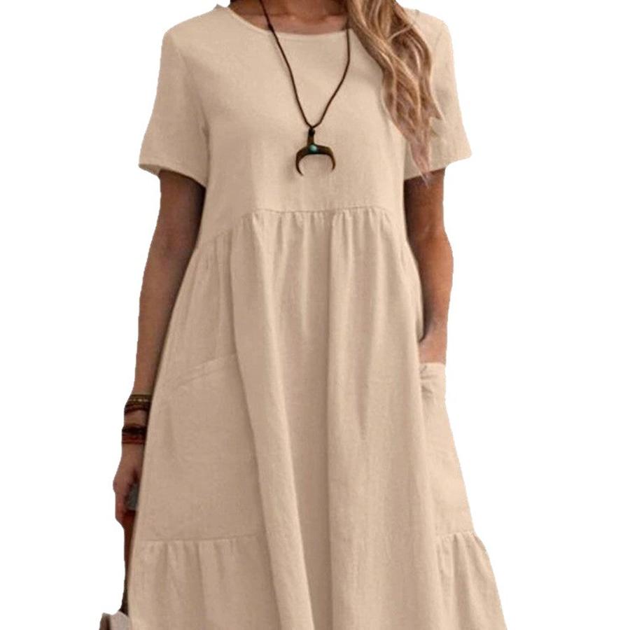 Summer Vintage Loose Pocket Solid Color Crew Neck Women's Cotton Linen Dress