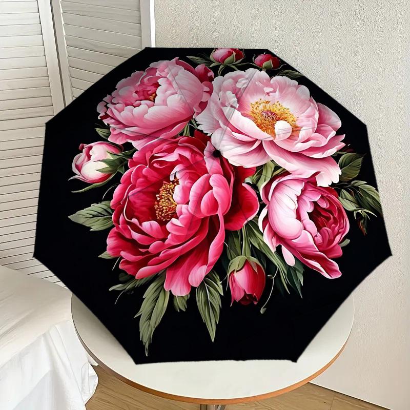 1pc Peony Flowers Automatic Folding Umbrella 8 Rib Iron Frame, Compact Portable Umbrella Suitable for Travel, Daily Use, Birthday, Women & Men Gift c