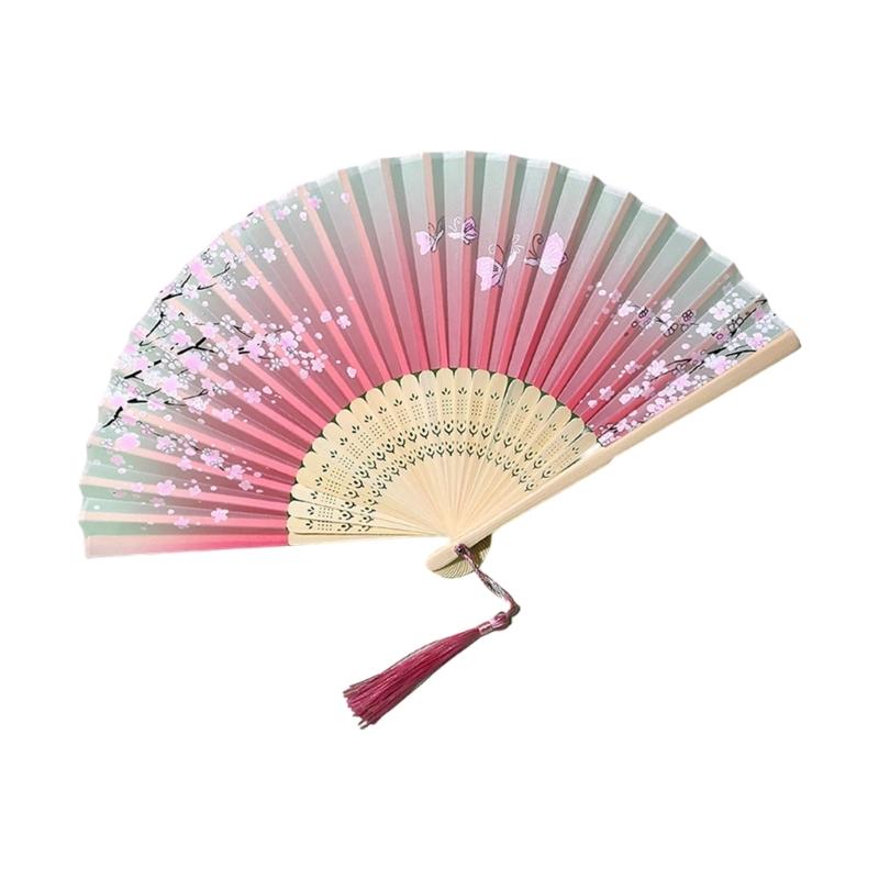 Éventail traditionnel chinois vintage avec pompons Éventail pliant portable Éventail de danse pour femmes Mariages Bals de fin d'études Photographie