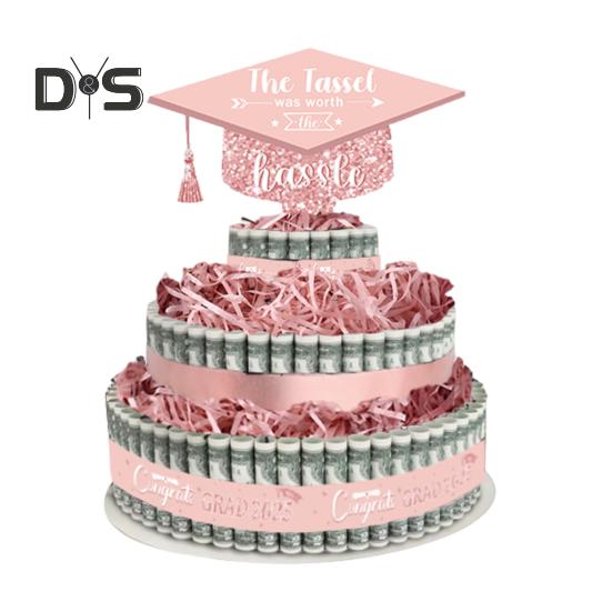 

Подарки на выпускной 2025 года, 3-х ярусный торт, наполненный наличными деньгами, украшение на выпускной 2025 года для мальчиков и девочек, принадлежности для вечеринки по случаю окончания средней школы и колледжа розовый