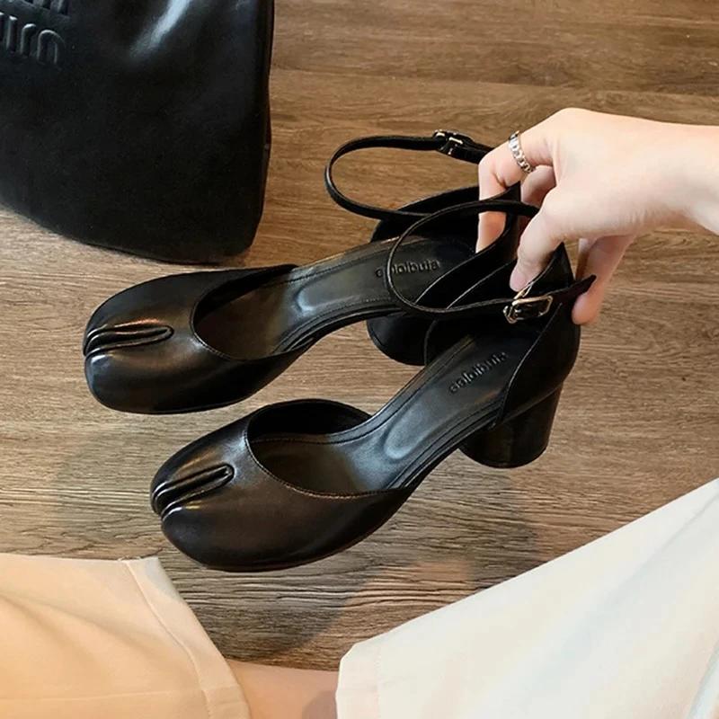 Modern Heels Pumps Women Round High Heel Leather Square Split Toe Pumps Shoes Spring Summer Sandals Mary Janes Shoes Heels Women