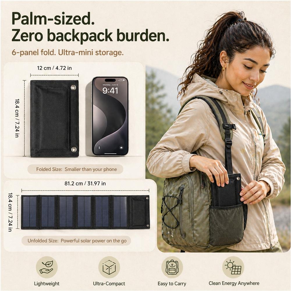 5V 12W Foldable Solar Panel Charger Portable Solar Power with USB-A USB-C Ports High Efficiency Monocrystalline Cell for Outdoor Camping Hiking