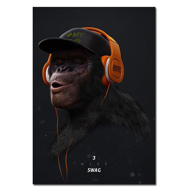 Drei coole Hip-Hop-Orang-Utans, Leinwandgemälde, drei weise Swag-Poster, die Musik hören, Affen, Bilder für die Heimdekoration