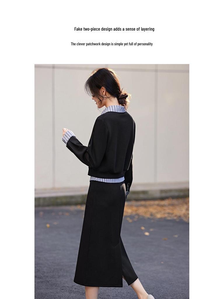 Internet Celebrity Patchwork Shirt Collar Sweatshirt & Midi Skirt Set for Women - Autumn Casual Two-Piece Ensemble