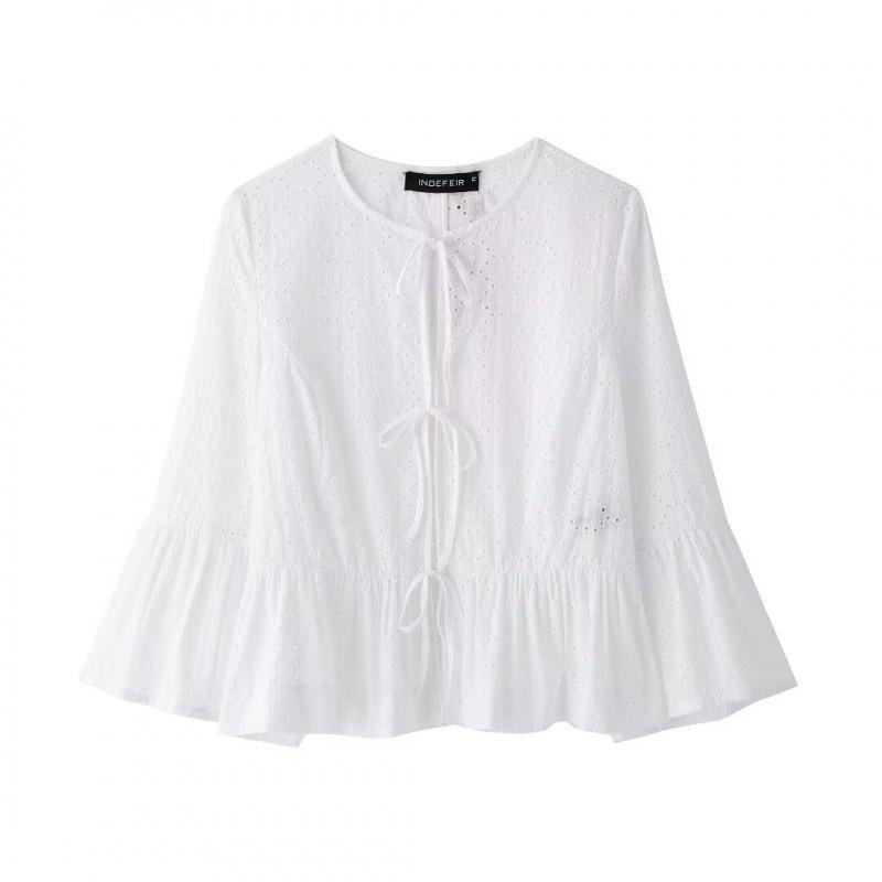 Summer Women's Casual Hollow Embroidery Shirt & Shorts Set