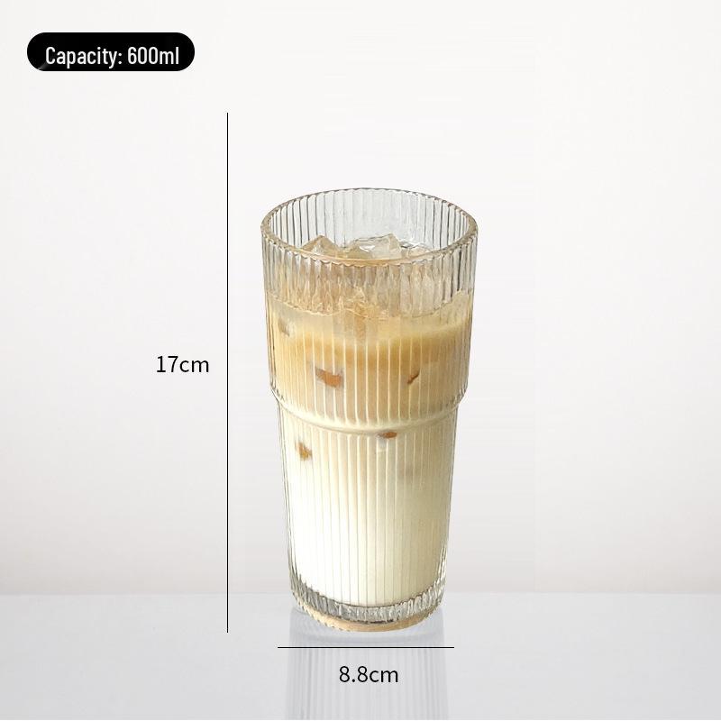 Vertical Stripe Glass Cup for Girls with Lid  Straw - Large Capacity, Ins Style 600ml