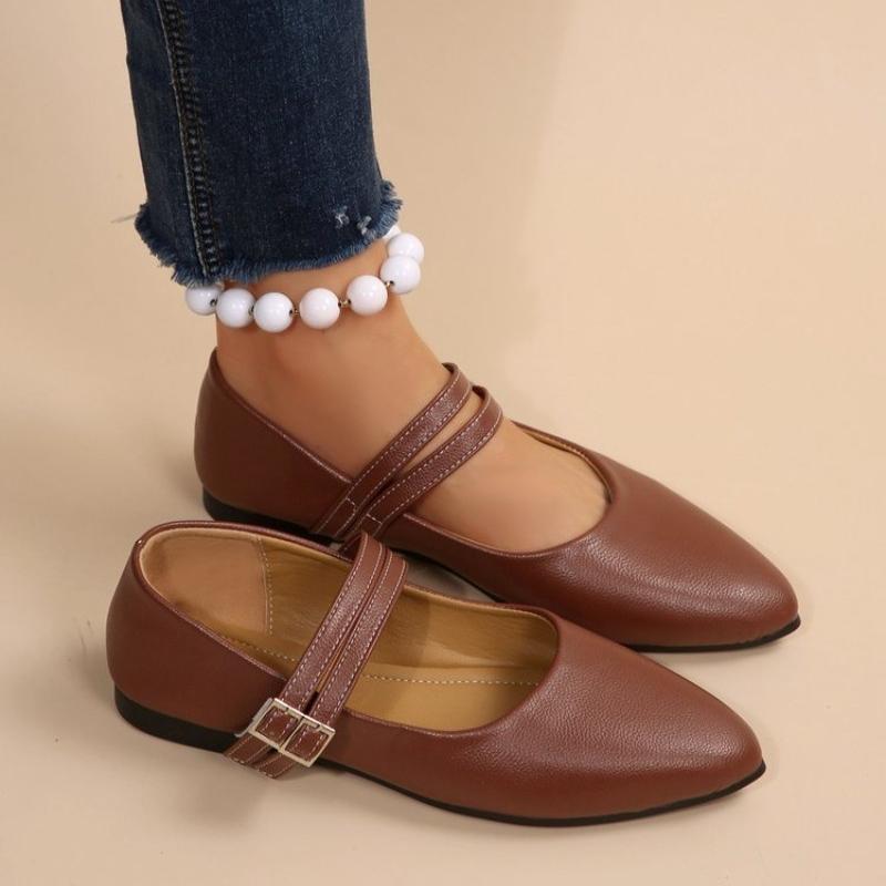 Fashion women's genuine leather double metal buckle slip-on Mary Jane ballet flats soft comfortable casual female shoes