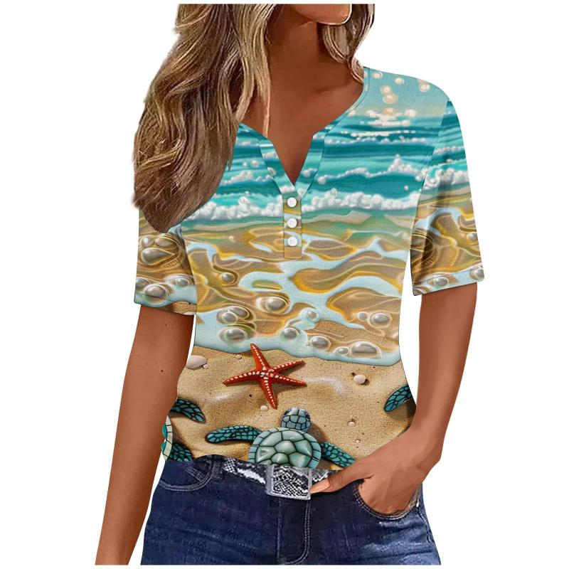 Summer Fashion 2026 New Women's Clothing 3D Butterfly Print V-Neck Three-Button Short Sleeve T-Shirt