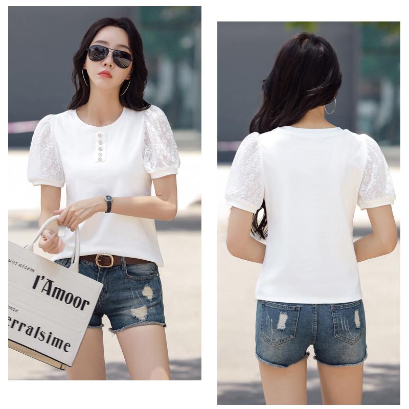Été Patchwork dentelle fleur manches bouffantes coton T-Shirt boutons col rond femmes élégantes dames mince hauts à la mode