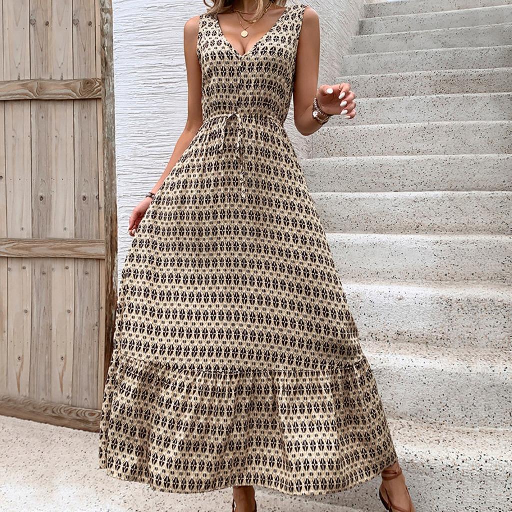 Summer Women Elegant High Waist Geometric Print Sleeveless Dress European American Casual Fashion Streetwear