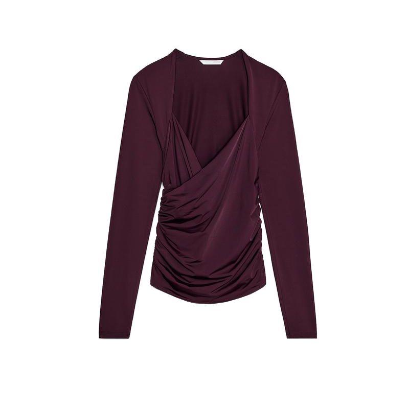 Spring New Women's Clothing Fashion Pure Desire Wind Minimalist Nylon Ruched Long Sleeves Vertical Collar Top 3641315