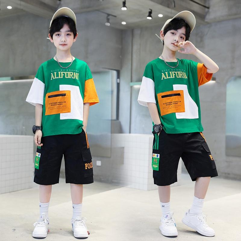 Boys Summer Short-sleeved Suit Cartoon Children's Cotton T-shirt Big Children's Western Style Loose Two-piece Suit