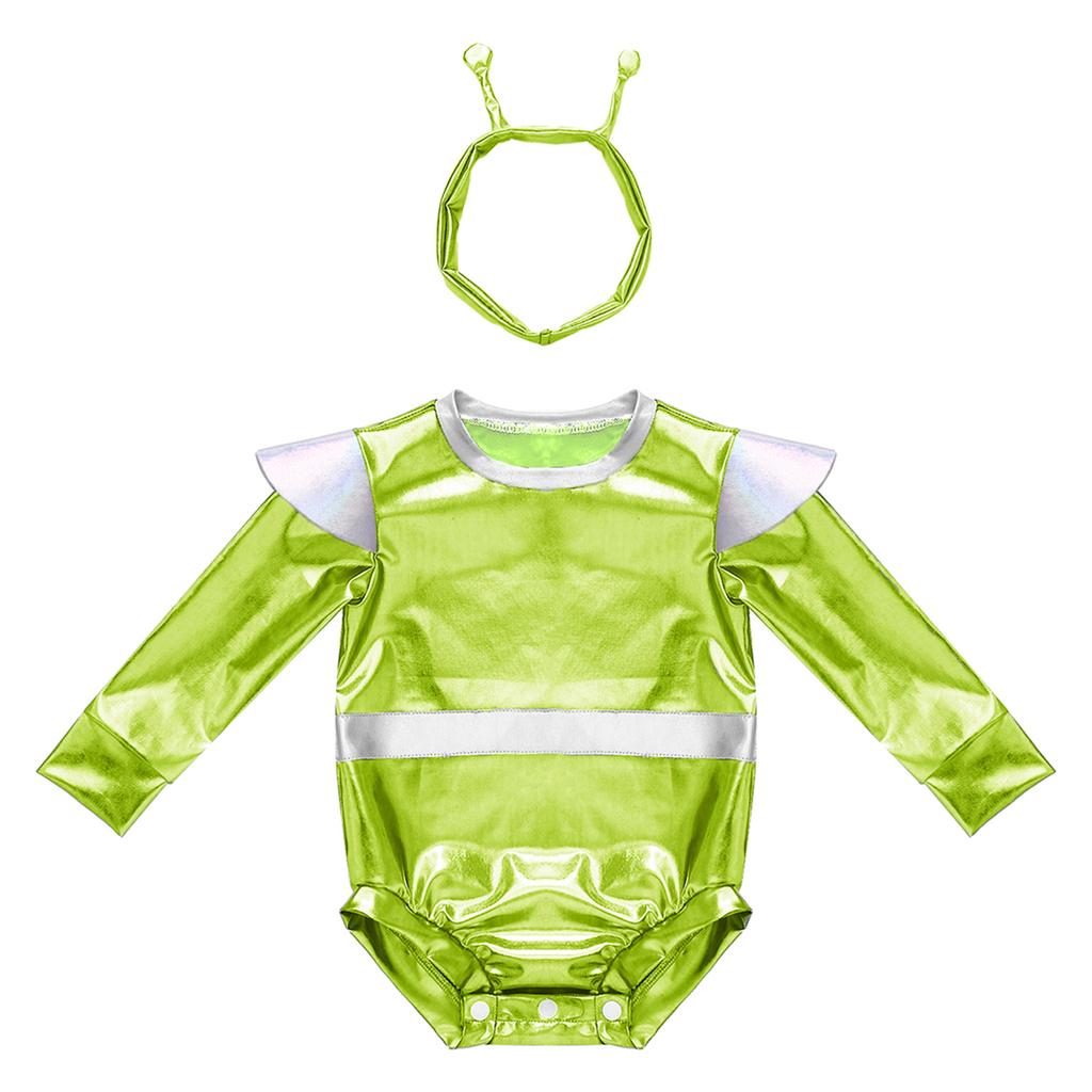 Baby Girls Color Block Alien Outfit Long Sleeve Press Button Crotch Metallic Romper Photography Costume